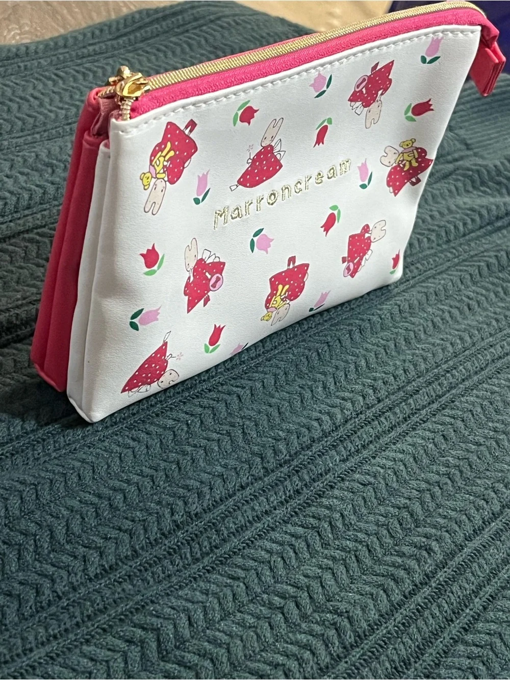 White & Pink Bunny Print Zip Pouch